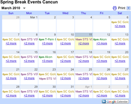 Embedded Google Calendar of events for Spring Break